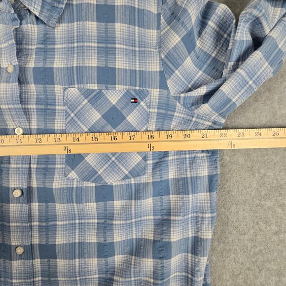 Tommy Hilfiger Shirt Womens Size XL Roll Tab Sleeves Blue Plaid Button Down - Picture 15 of 16